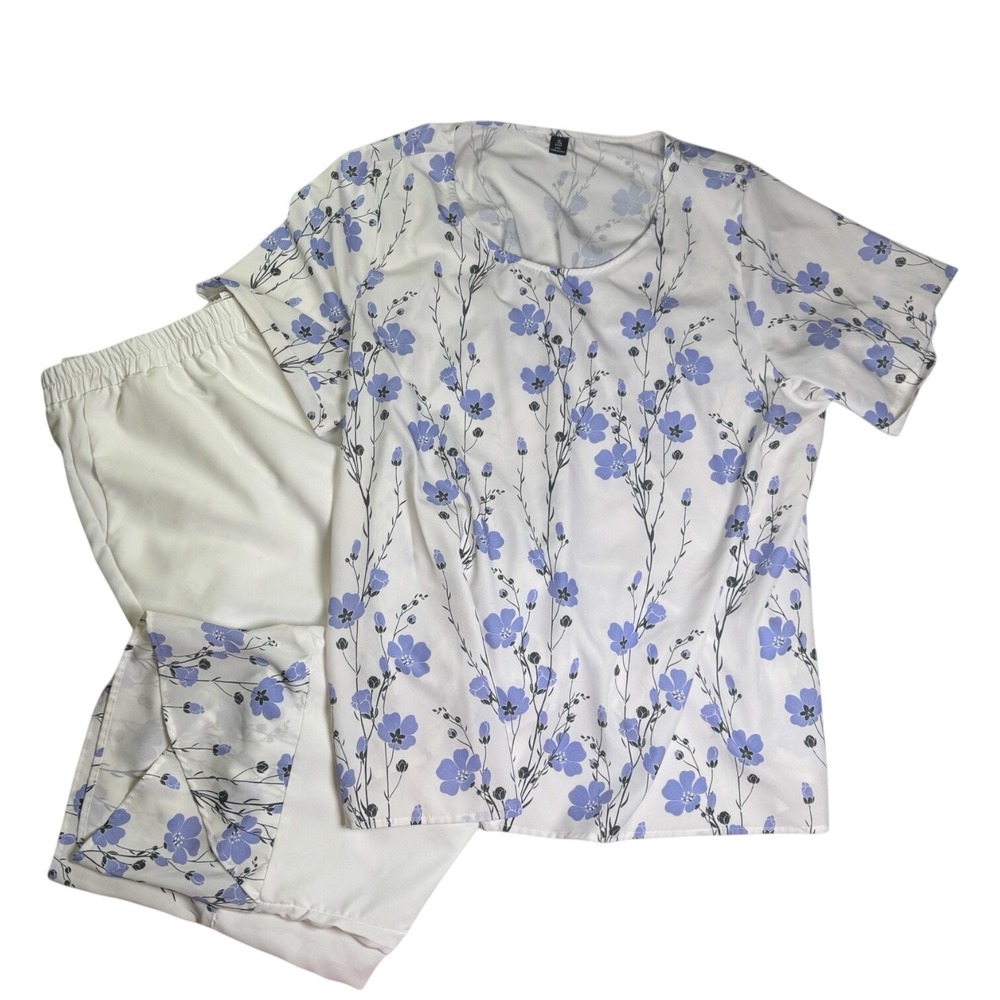 YX Curve 4XL Blue Floral Short Sleeve Top and White Pants Lounge Set 2 Piece